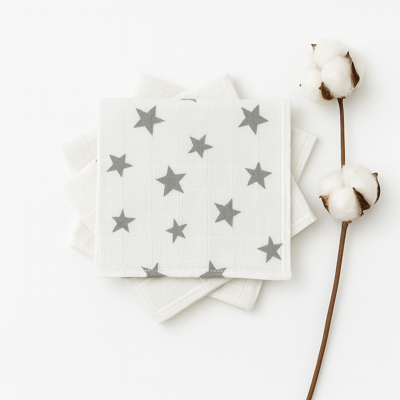 Gri Yıldız Desenli Müslin Ağız Mendili