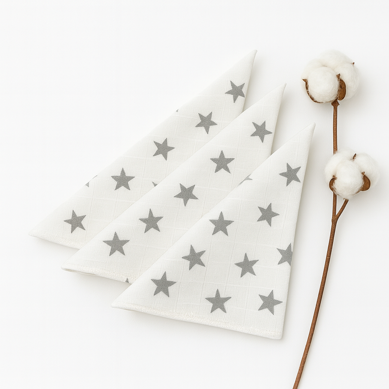 Gri Yıldız Desenli Müslin Ağız Mendili